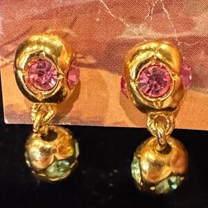Elegant Gold-Tone Dangle Earrings with Pink and Pale Green Rhinestones